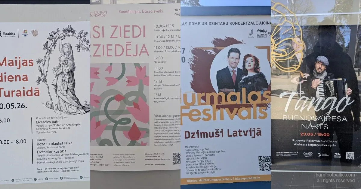 Četri Latvijā 2026. gada pavasarī uz plakātiem ievēroti pasākumi — Maijas diena Turaidā, Rundāles dārza svētki, Tango Buenos Aires Nakts un Jūrmalas Festivāls.
