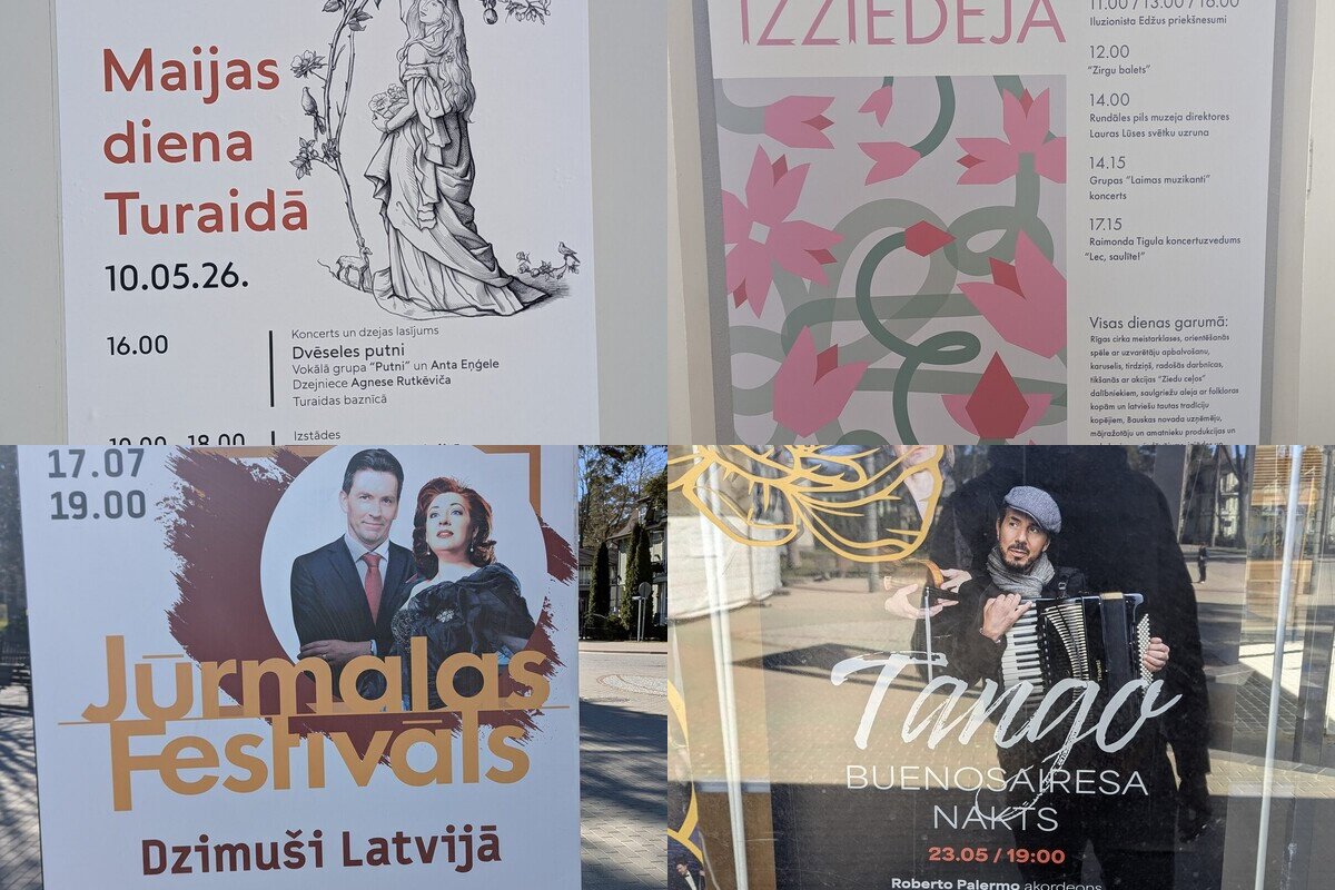 Četri Latvijā 2026. gada pavasarī uz plakātiem ievēroti pasākumi — Maijas diena Turaidā, Rundāles dārza svētki, Tango Buenos Aires Nakts un Jūrmalas Festivāls.