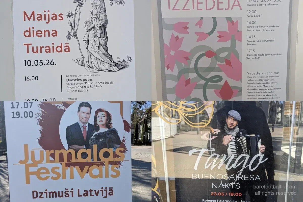 Četri Latvijā 2026. gada pavasarī uz plakātiem ievēroti pasākumi — Maijas diena Turaidā, Rundāles dārza svētki, Tango Buenos Aires Nakts un Jūrmalas Festivāls.