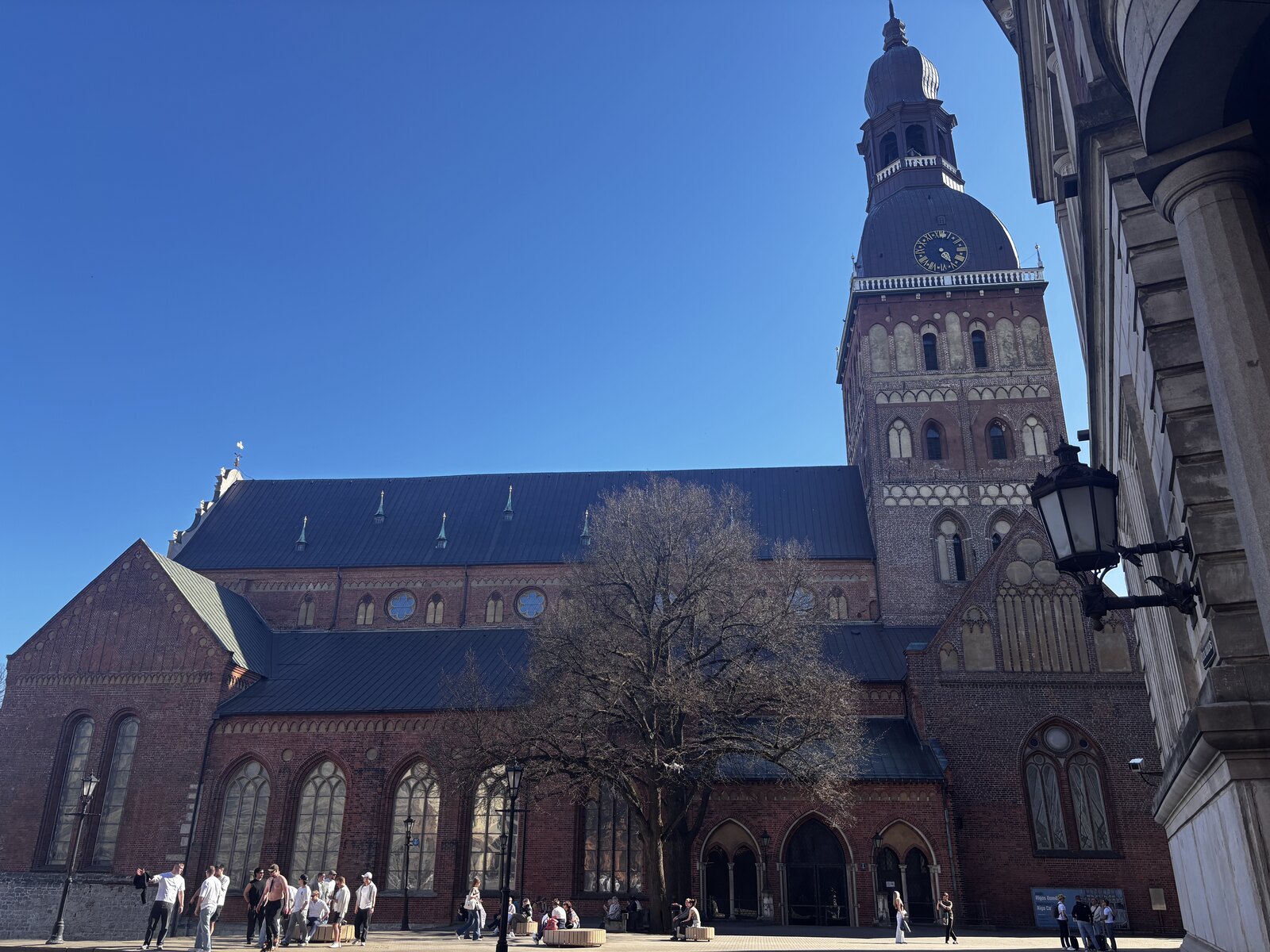 Doma baznīca Doma laukumā ar tās baroka torņa galu pret zilām pavasara debesīm, Rīga, Latvija.