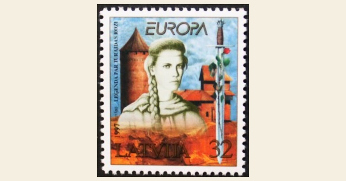 1997 Latvian EUROPA postage stamp — Legend of the Rose of Turaida — design by Juris Utāns