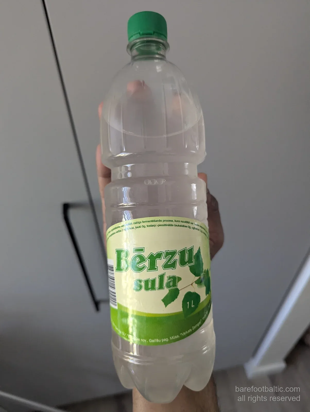 Bērzu sulas 1 litra PET pudele ar zaļu lapu etiķeti, turēta pie virtuves sienas