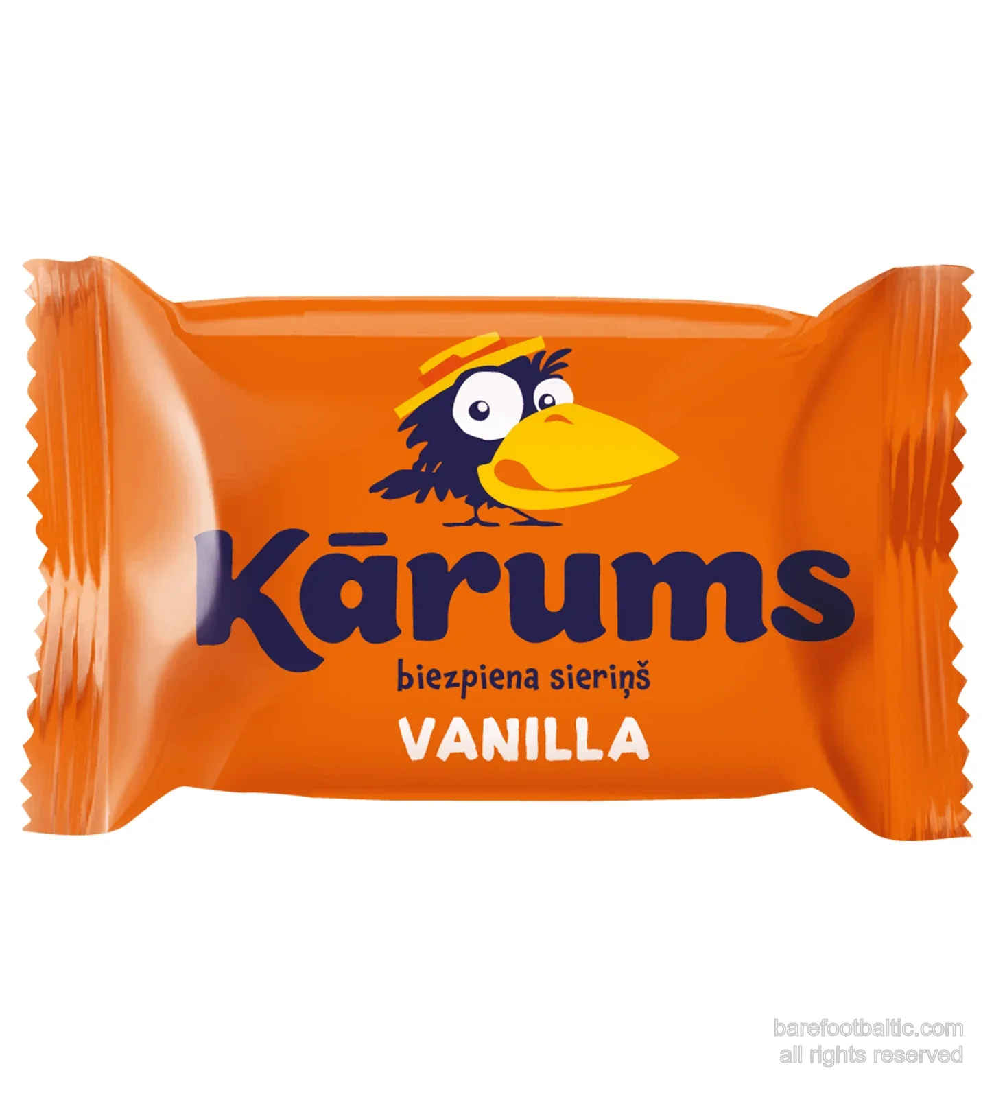 Kāruma vaniļas biezpiena sieriņš oranžā iesaiņojumā ar zīmēto Kāruma kraukli